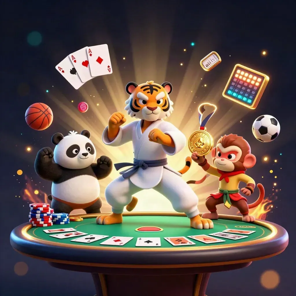 Tiger, panda, and monkey in casino action with poker chips, aces, and glowing gold light.