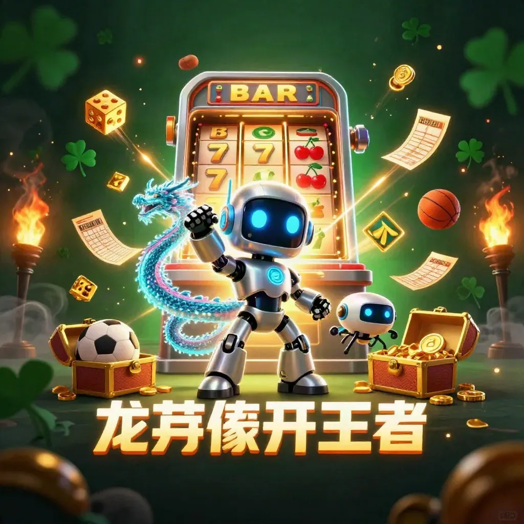 Cyberpunk robot, hologram dragon and drone erupt from a glowing slot machine with treasure and neon light.