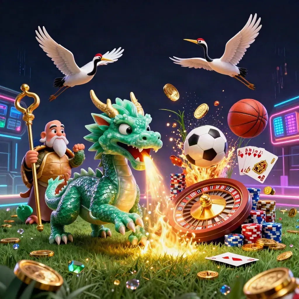 Jade dragon, turtle sage, and cranes amid casino sports bursts, coins, cards, balls, neon haze