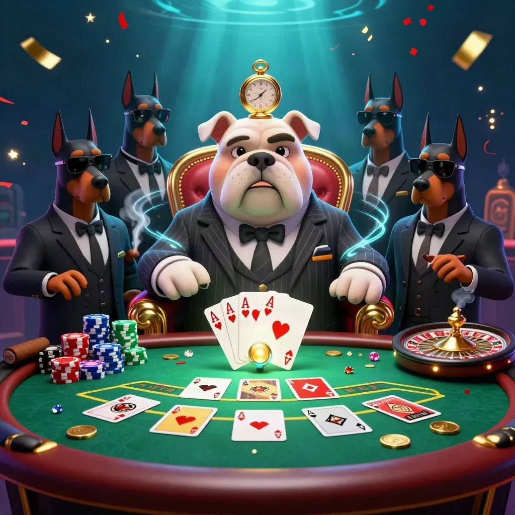 Bulldog boss and Dobermans amid casino cards, chips, roulette glow, and teal-blue underwater lighting.