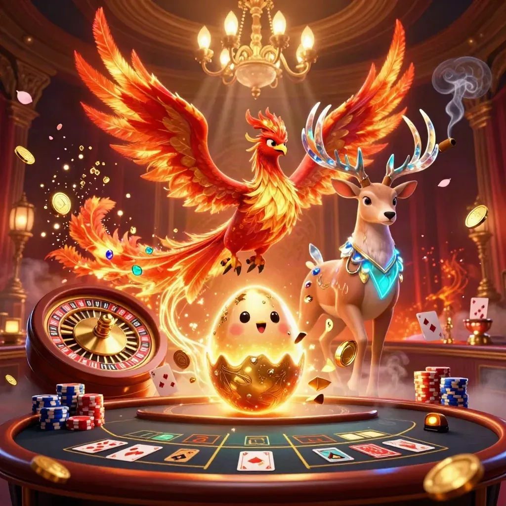 Phoenix, egg, and crystal stag in a luxe casino loft with coins, cards, chips, and glowing runes.
