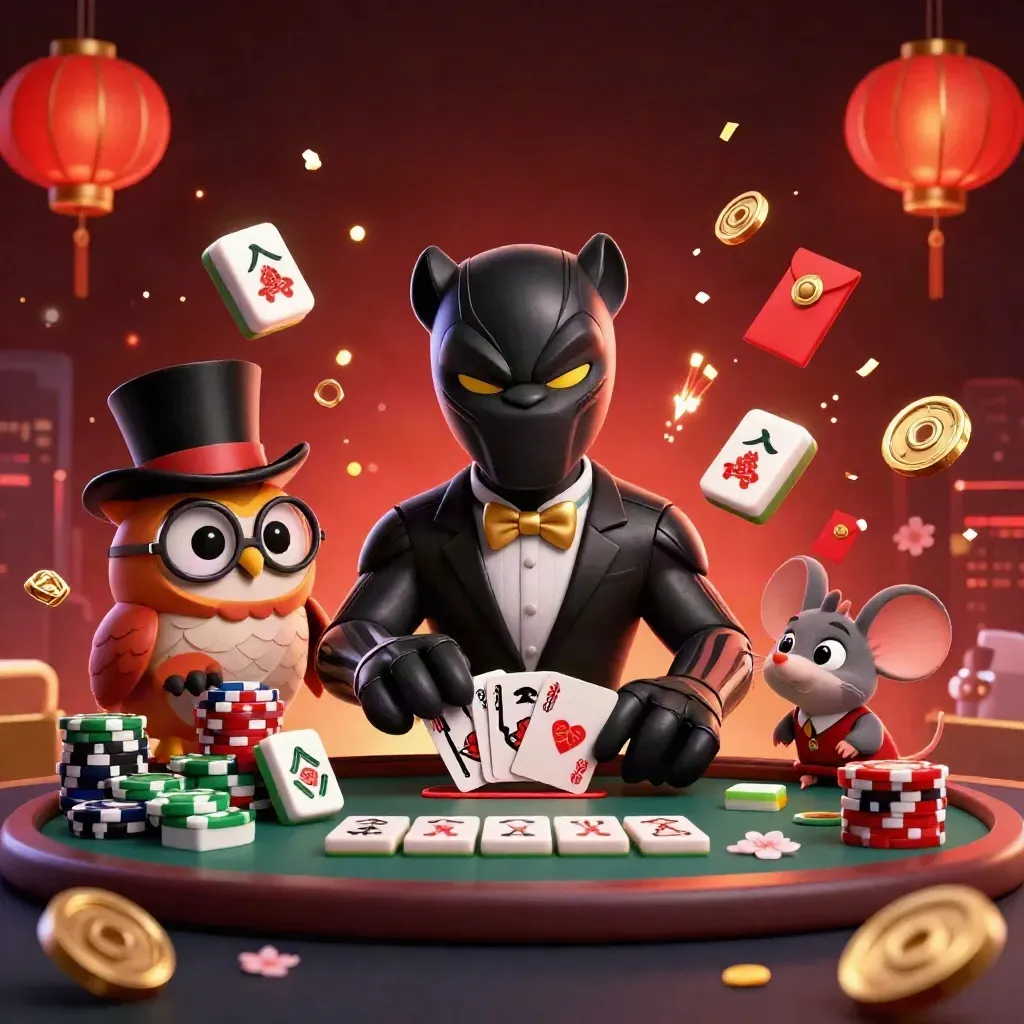 Panther, owl, and mouse casino mascots amid lanterns, coins, and fireworks