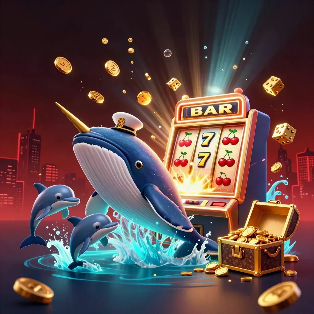 Whale captain, narwhal, and dolphins burst through coins with jackpot slot effects and glowing treasure.