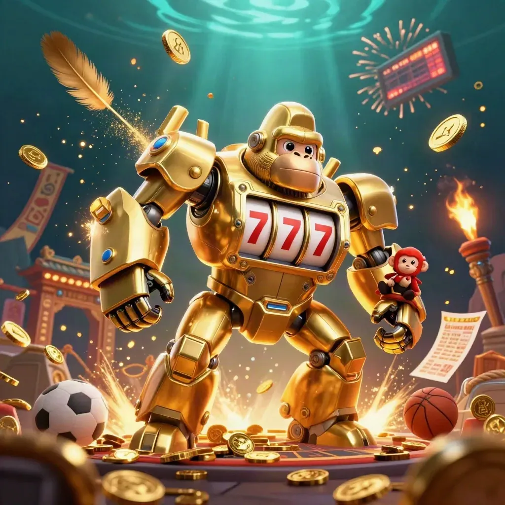 Golden gorilla mech with tiny pilot amid coins, temple gate, sports props, and casino fireworks.
