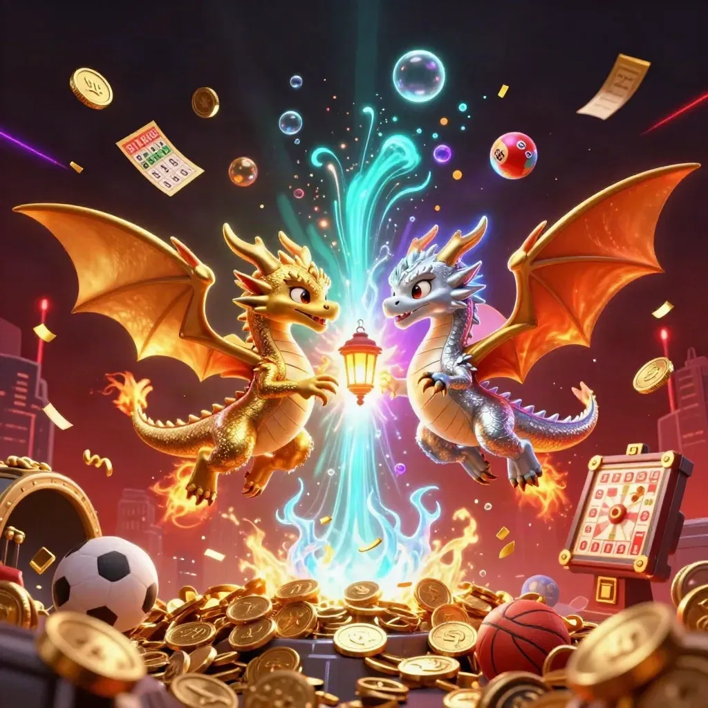 Twin gold and silver dragons in a neon casino burst with coins, balls, and fireworks.