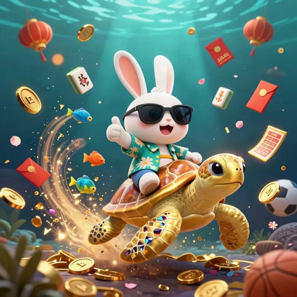 Lucky rabbit rides a gem-shell sea turtle through coins, lanterns, fireworks and casino glow