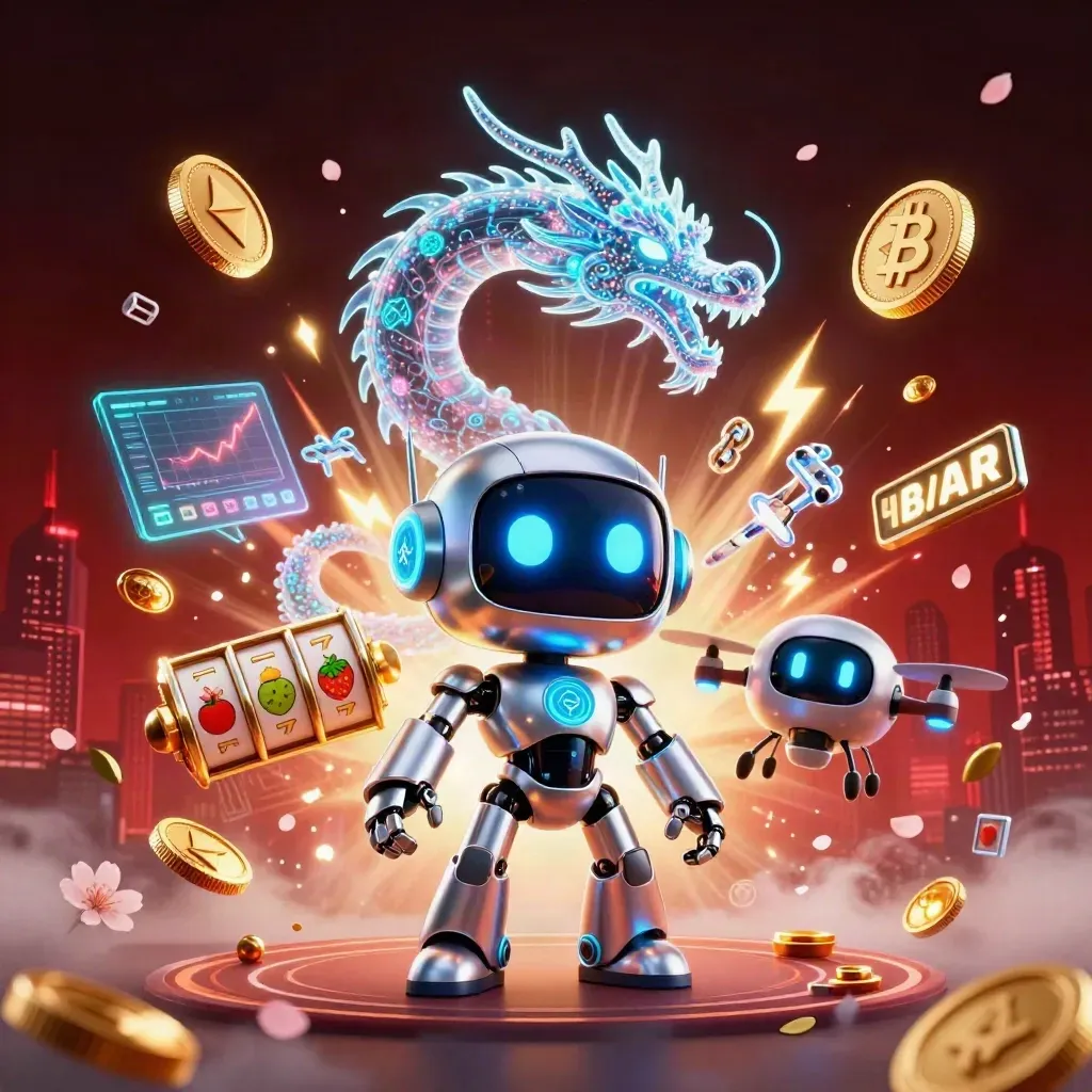 Cyberpunk robot, holographic dragon, coin drone, casino symbols, neon coins, dark red skyline glow