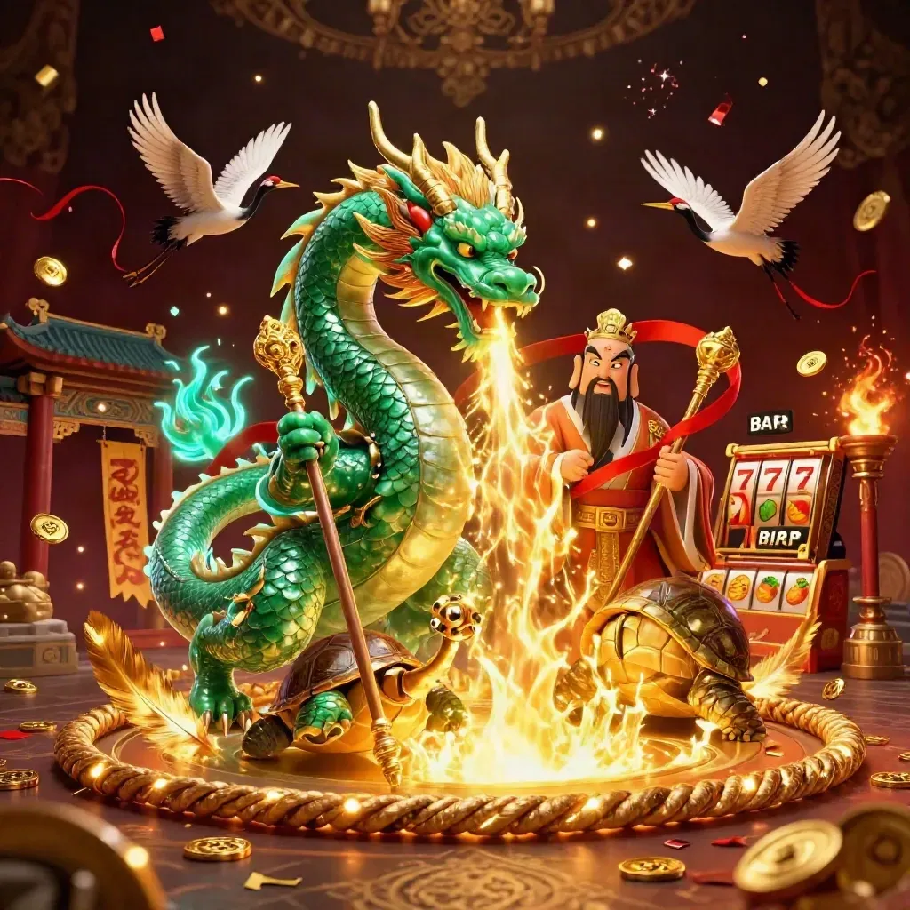 Emerald dragon, turtle sage, and cranes amid casino fire, coins, and golden temple glow.